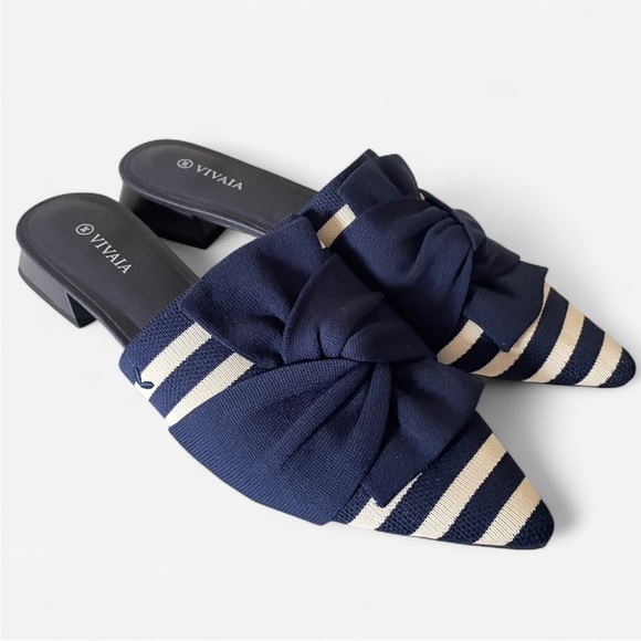 Vivaia Pointed Toe Knot Mules in Navy White Stripe EU 41 US 9.5 - Picture 1 of 7